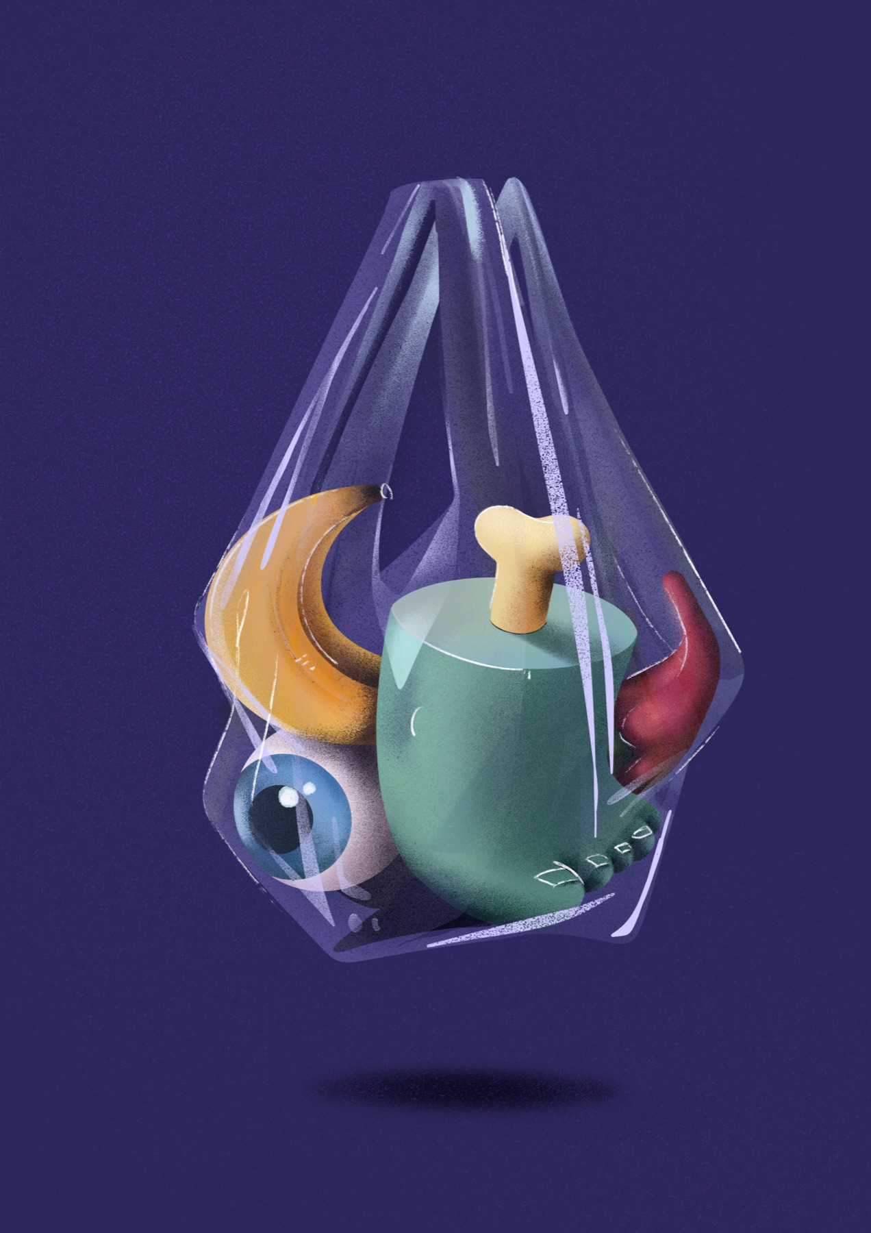 A clear plastic bag floating on dark blue, holding a banana, an eyeball, a green foot and a red hand