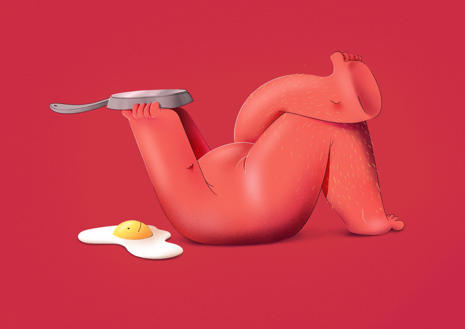 A pink, hairy character lies on a red background balancing a frying pan on one foot, next to a gloomy fried egg