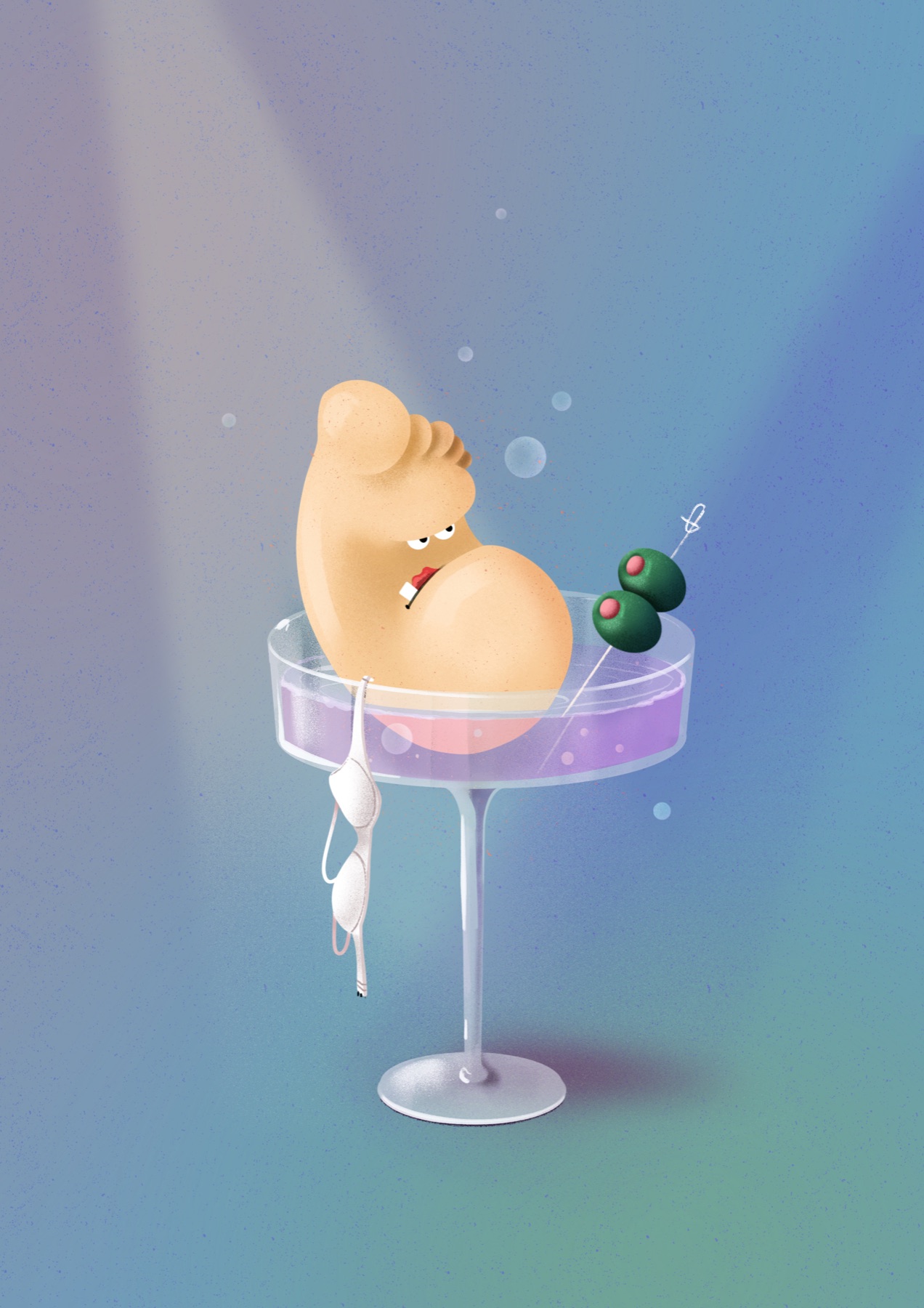 A grumpy foot with a cigarette lounges in a martini glass next to two olives, a bra hanging over the rim