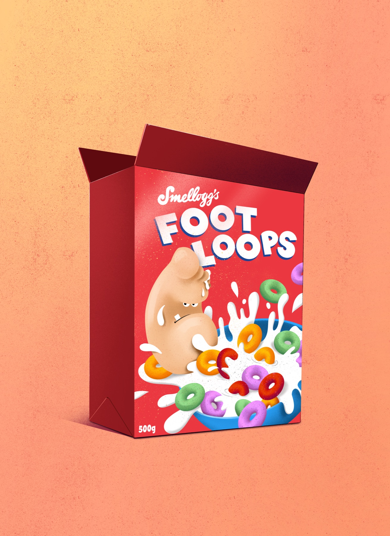 A cereal box called ‘Foot Loops’ by ‘Smellogg’s’, showing a grumpy foot splashing in a bowl of colourful rings and milk