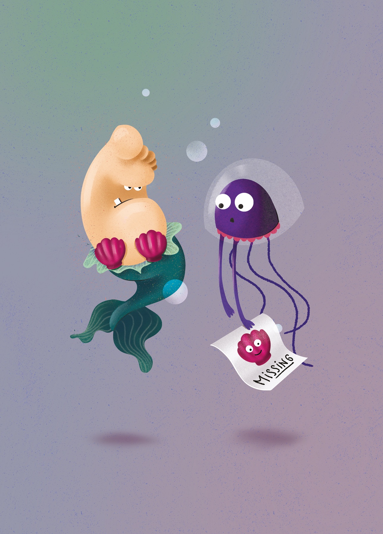 A grumpy foot mermaid in a seashell bra floats underwater next to a jellyfish holding a ‘Missing’ poster of a smiling seashell