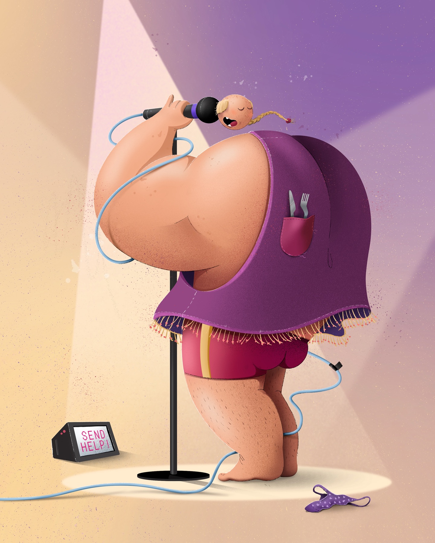 A round character in a fringed purple vest sings karaoke under a spotlight while the monitor at its feet reads ‘Send help!’