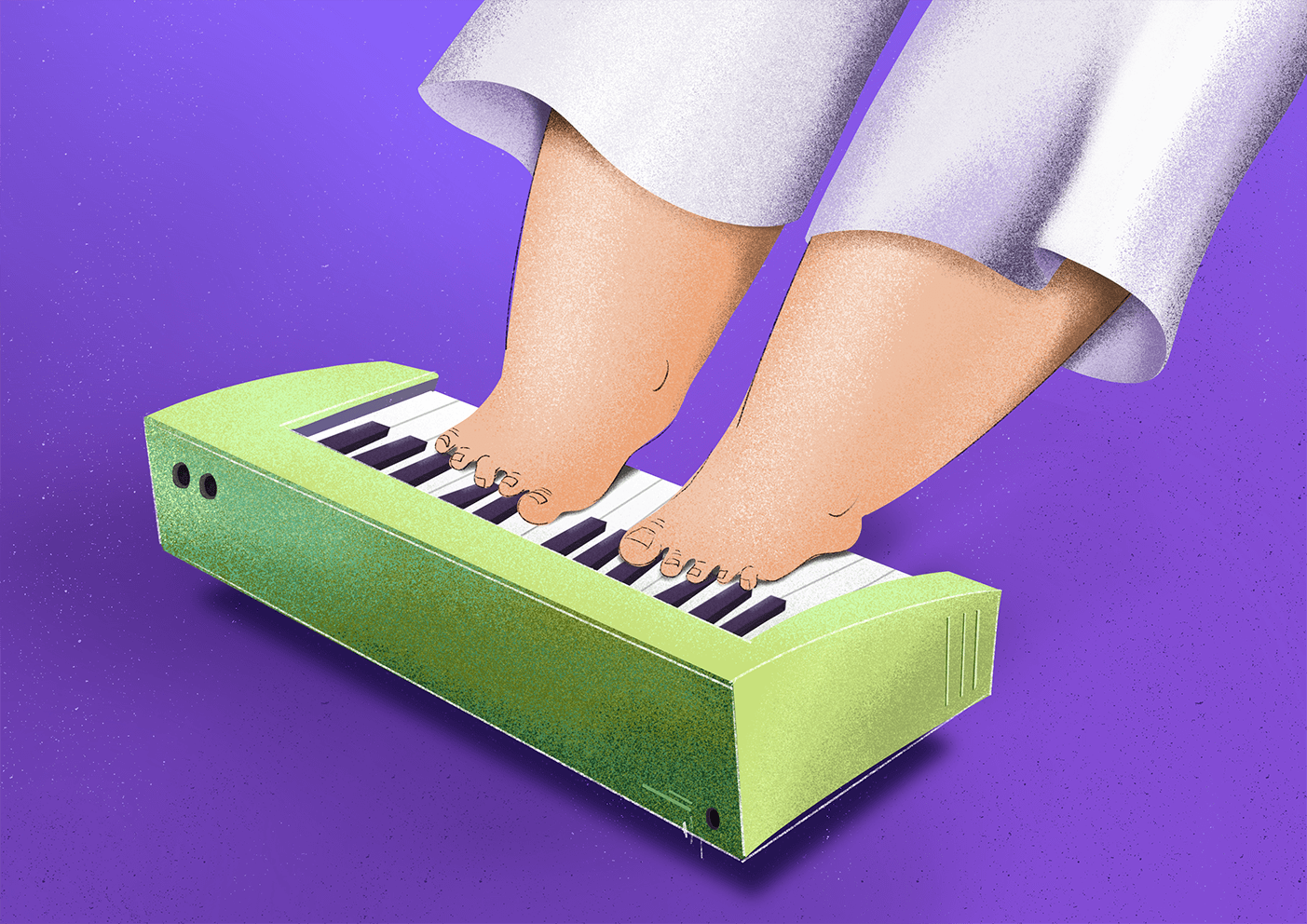 Two bare feet in white trousers play a small green keyboard on a purple background