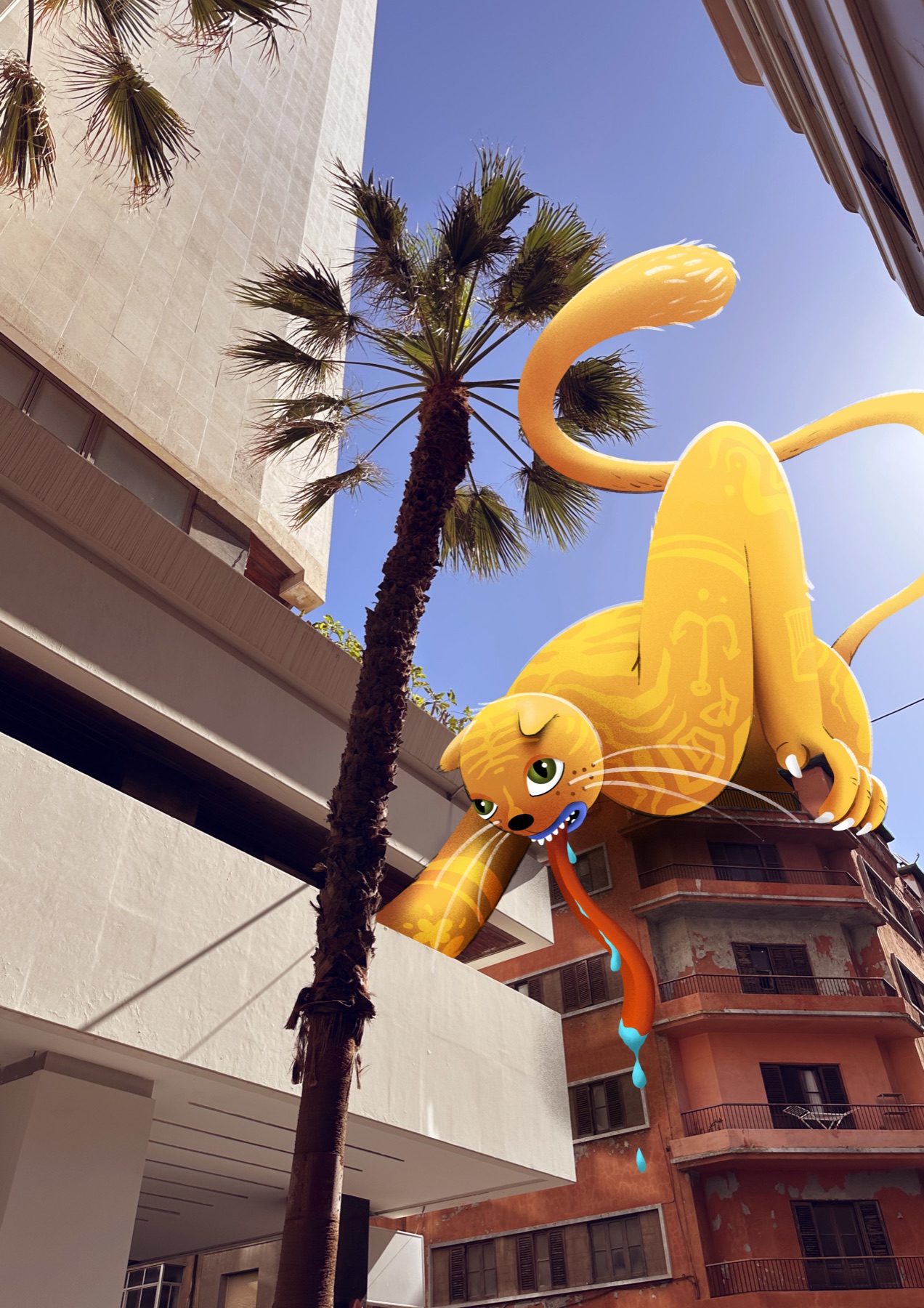 A giant yellow cat drapes itself over a rooftop between palm trees and apartment buildings in Las Palmas, its long tongue dripping down the facade