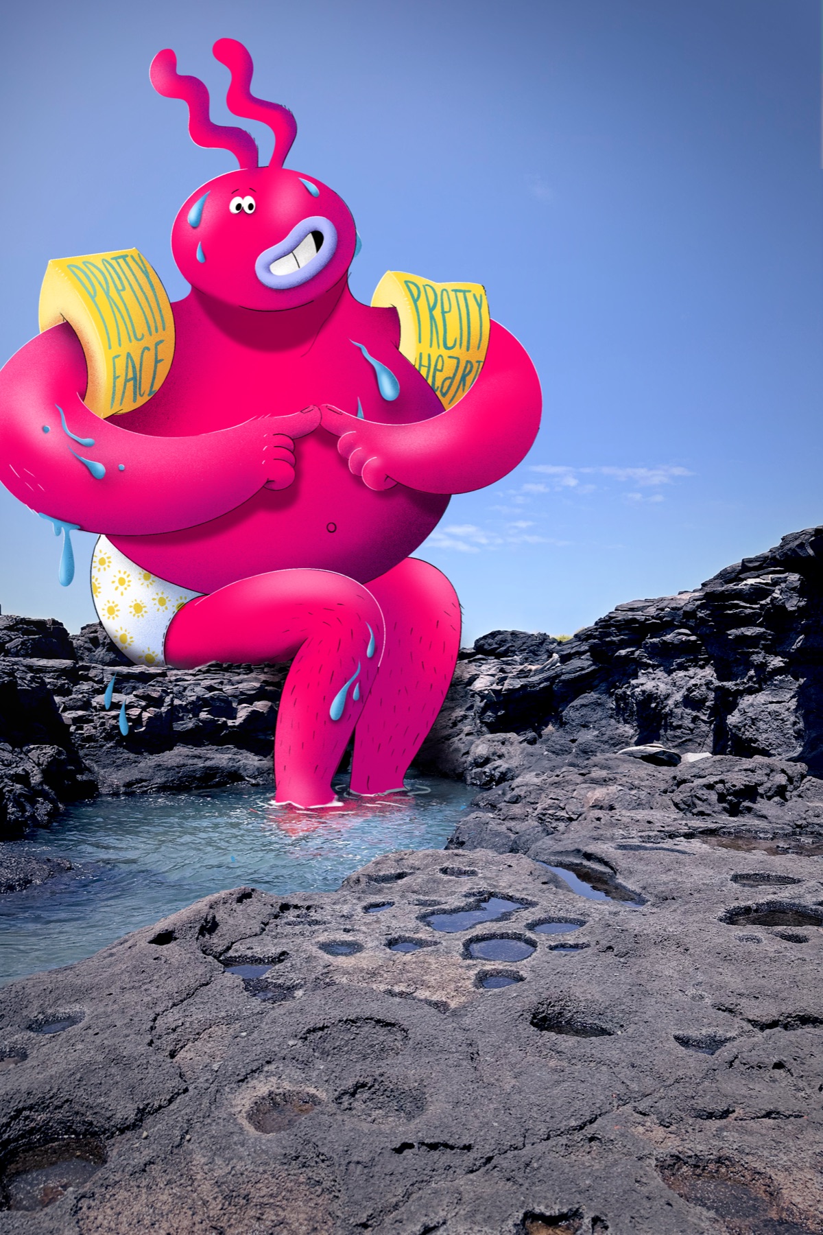 A pink, hairy character wearing armbands that read ‘Pretty face’ and ‘Pretty heart’ stands nervously in a rock pool on the volcanic coast of Las Palmas