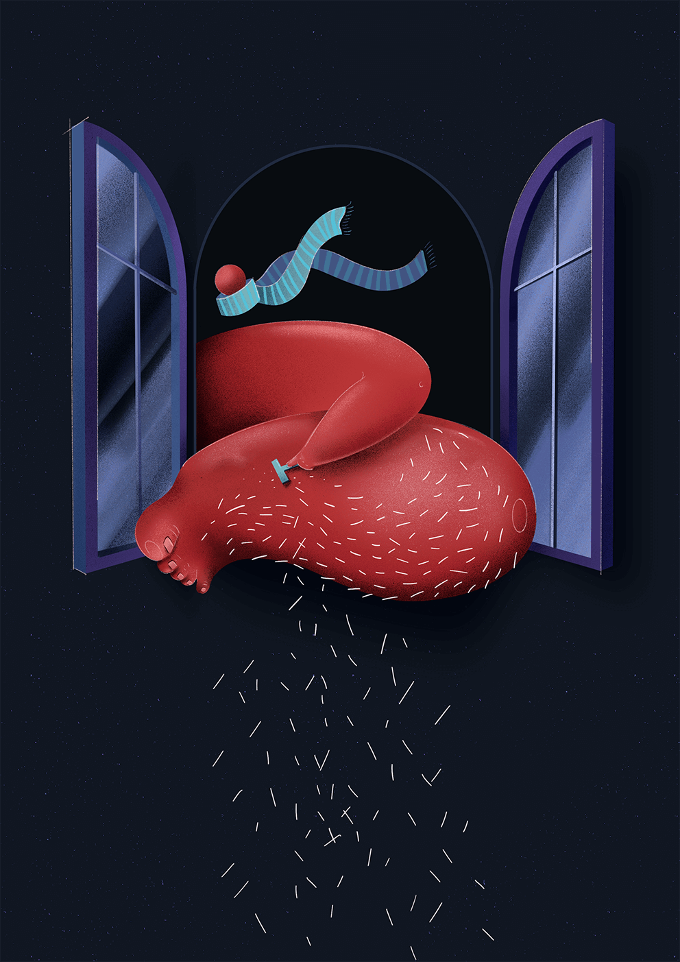A red, hairy character leans out of an open window at night, shaving, while hair falls like snow and a scarf flies away